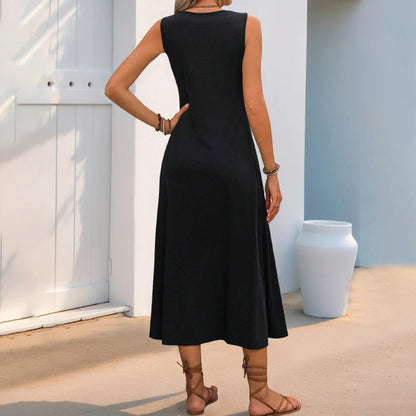 Damen Midikleid – Ärmellos – Lockere Passform – Florale Stickerei – Naturfaser