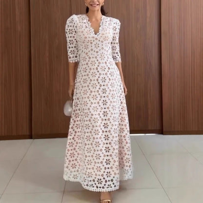 Women’s Maxi Dress - Elegant Lace - A-Line Silhouette - V-Neck - Mid Sleeve Formal Wear
