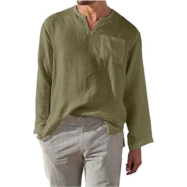 Herren Langarmhemd – Relaxed Fit – Natürliche Fasern – Stehkragen – Brusttasche
