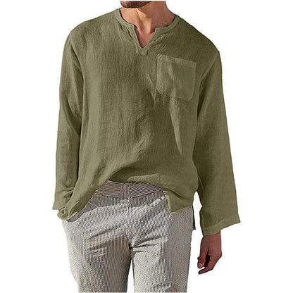 Herren Langarmhemd – Relaxed Fit – Natürliche Fasern – Stehkragen – Brusttasche