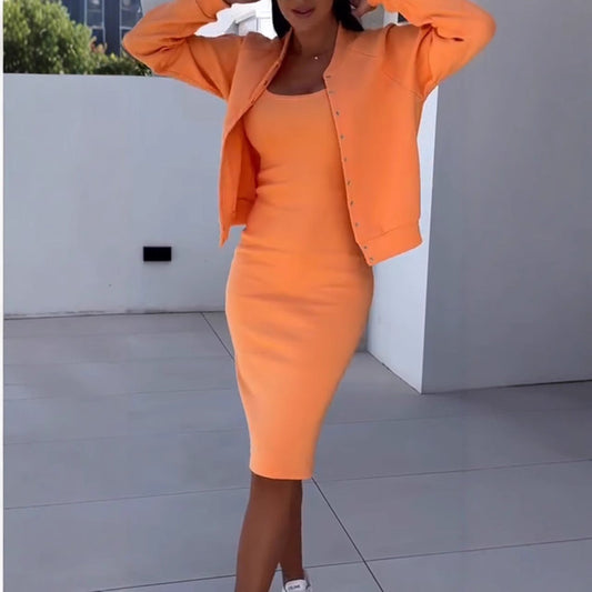 Damen Zweiteiler Set – Figurbetontes Slipkleid mit Oversize Jacke – Midi Länge