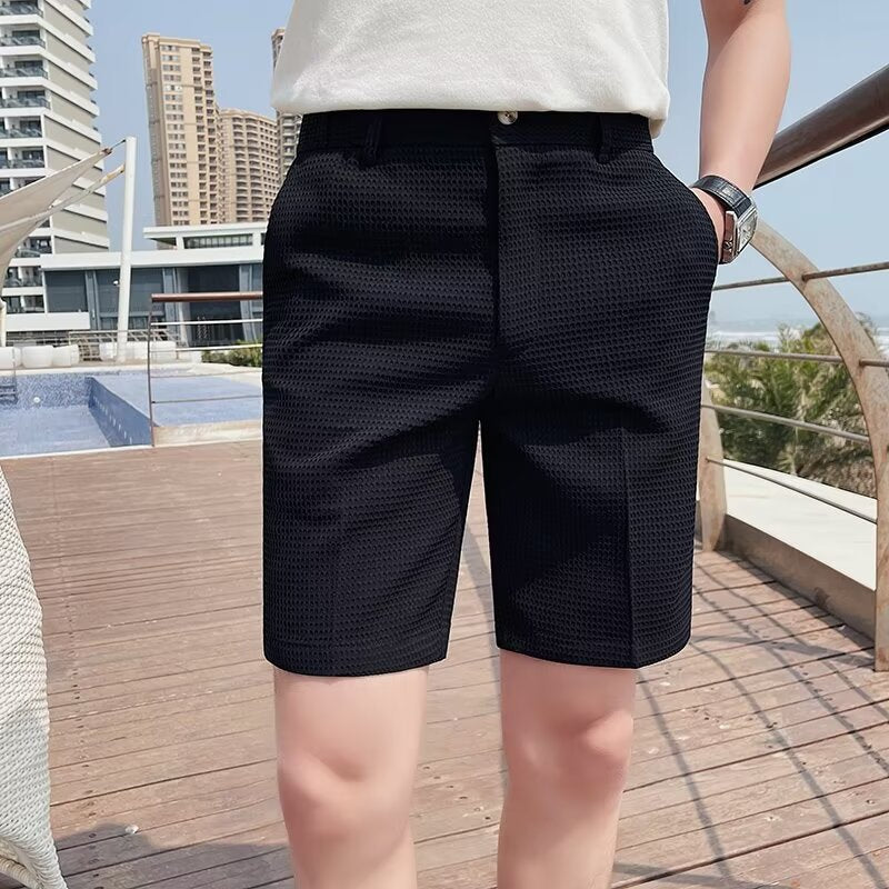 Herren Shorts – Slim Fit – Strukturierter Stoff – Knielang – Mit Gürtel­schlaufen