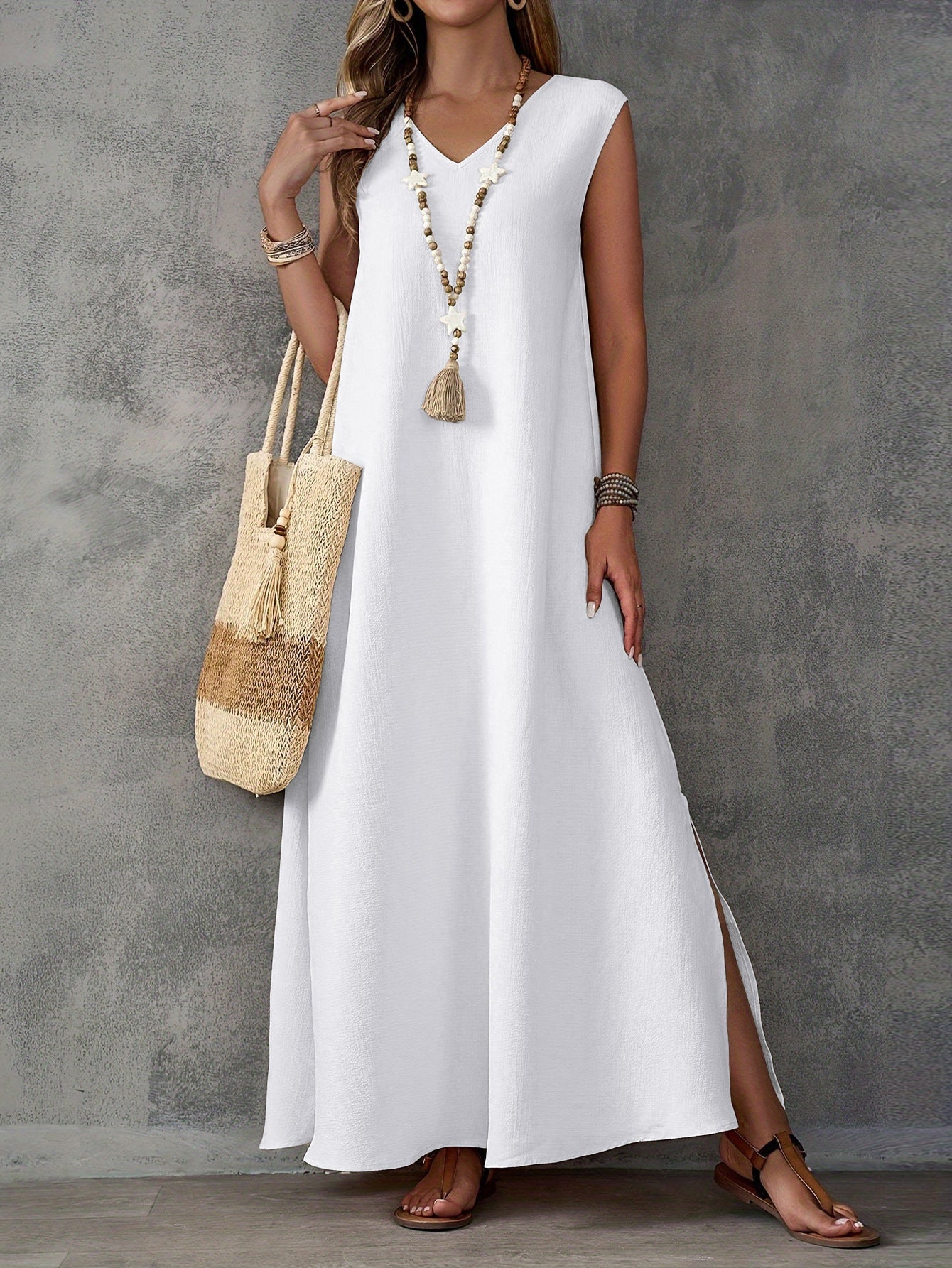 Damen Maxikleid – Lockerer Schnitt – V-Ausschnitt – Ärmellos – Seitenschlitze – Baumwolle