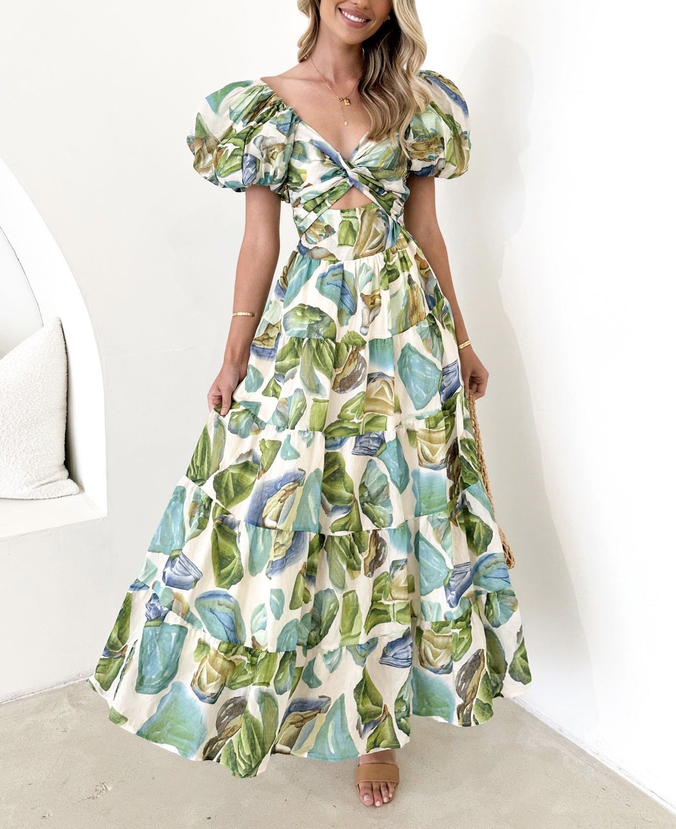 Damen Maxikleid – Luftiger Schnitt – Puffärmel – Elegant gemustert – Naturfasern
