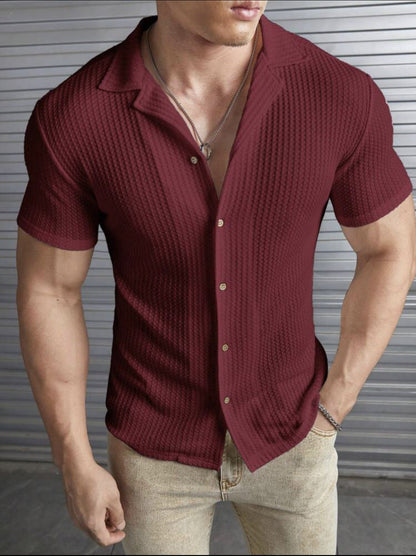 Herren T-Shirt – Slim Fit – Waffelstrick – Knopfleiste – Kurzarm mit Kragen