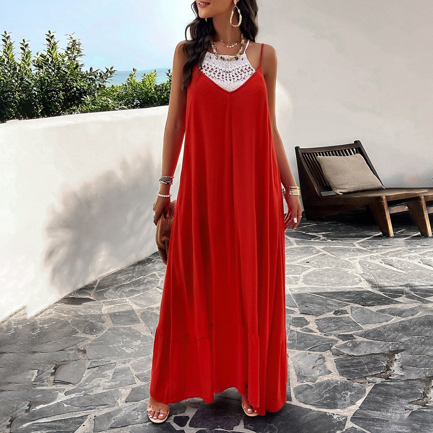 Damen Maxikleid – A-Linie – V-Ausschnitt – Spitzendetails – Leichter Baumwollmix