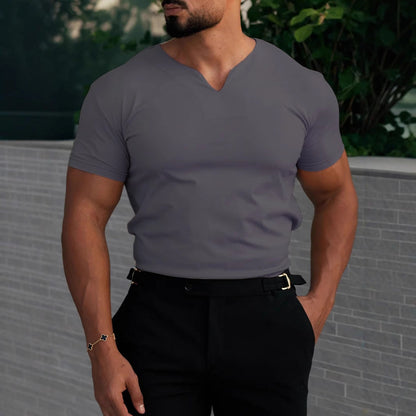 Herren V-Ausschnitt T-Shirt – Slim Fit – Atmungsaktives Stretchmaterial – Kurzarm