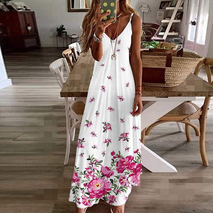Damen Maxikleid – Lockerer Schnitt – V-Ausschnitt – Spaghettiträger – Blumenmuster