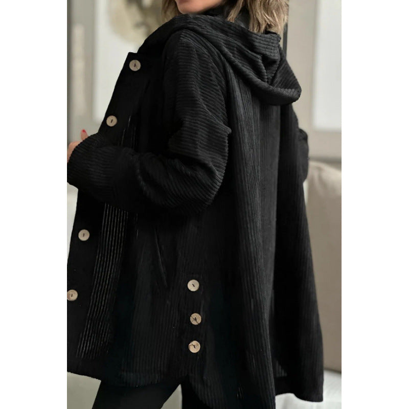 Damen Jacke mit Kapuze – Cordoptik – Oversized Fit – Mittellang – Knopfverschluss