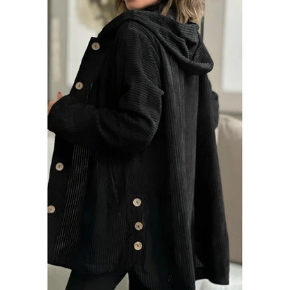 Damen Jacke mit Kapuze – Cordoptik – Oversized Fit – Mittellang – Knopfverschluss