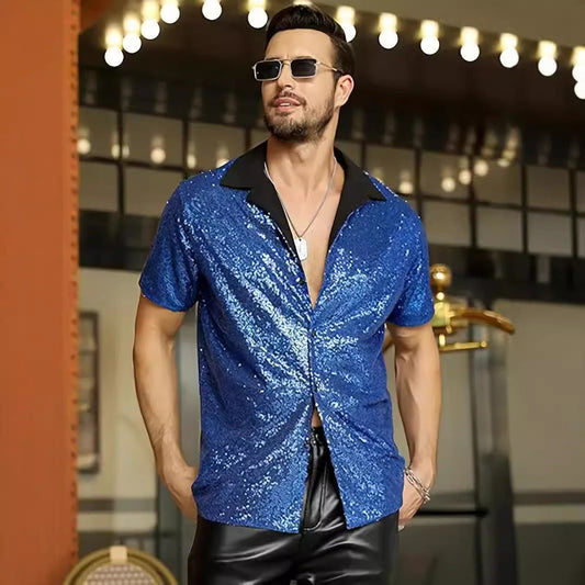 Herren Hemd – Slim Fit – Paillettenbesatz – Kontrastkragen – Festlicher Look