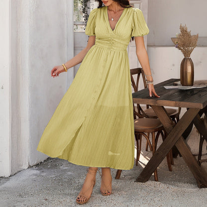 Damen Maxikleid – V-Ausschnitt – Hohe Taille – Kurzarm – Frontschlitz – Knopfleiste
