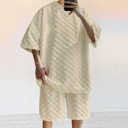 Herren Freizeit Set – Lockeres Shirt & Gerade Shorts – Weiches Jacquard-Strick