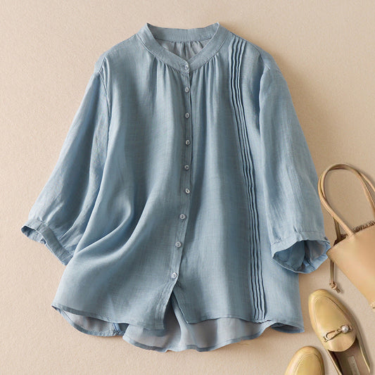 Damen Shirt – Relaxed Fit – Halbarm – Stehkragen – Falten-Detail – Naturfaser