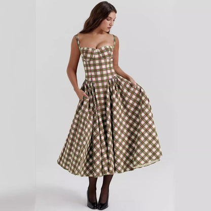 Damen Maxi Kleid – Figurbetontes Oberteil – A-Linie – Karomuster – Mit Taschen