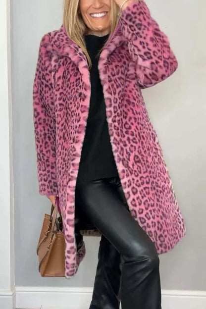 Damen Mantel – Kunstfell – Oversize Passform – Reverskragen – Leopardenmuster