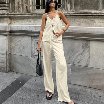 Damen Zweiteiler Set – Ärmelloses Crop Top – High Waist Hose – Atmungsaktive Fasern