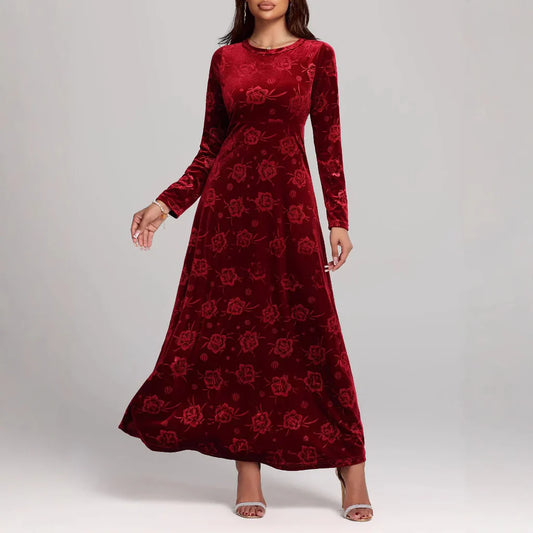 Damen Maxikleid – A-Linie – Samtoptik mit Blumenprägung – Langarm Elegantes Design
