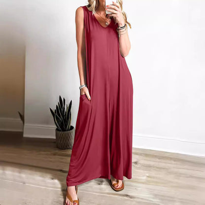 Damen Maxikleid – Weicher Feinstrick – Ärmellos – V-Ausschnitt – Seitentaschen