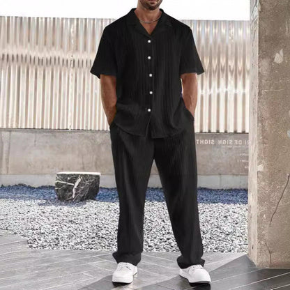 Herren Freizeitset – Atmungsaktive Naturfasern – Lockeres Kurzarmhemd – Gerade Hose
