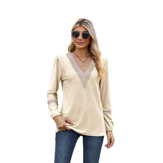 Damen Langarmshirt – Lockere Passform – V-Ausschnitt – Spitzendetails – Atmungsaktiver Stoff