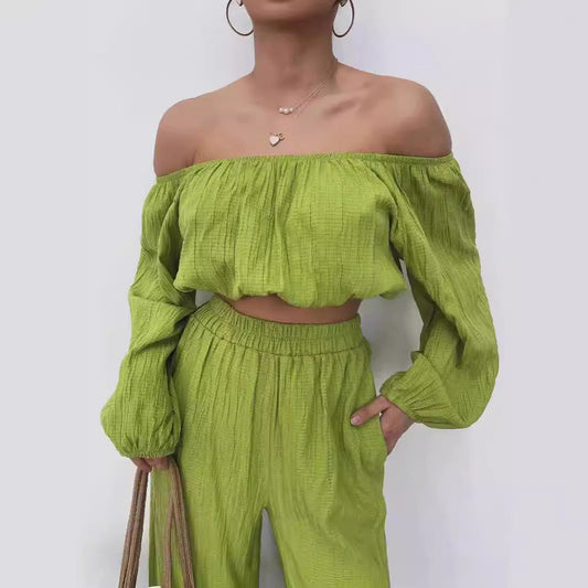 Damen Zweiteiler Set – Off Shoulder Crop Top – Weit Beinschnitt – Elastischer Bund