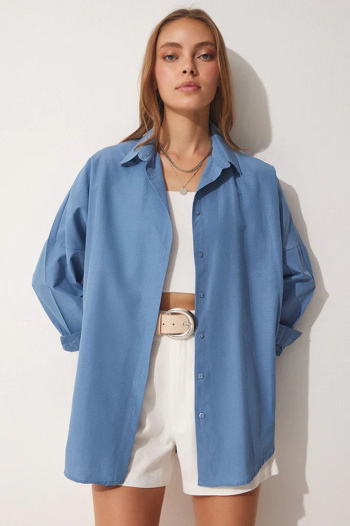 Damen Bluse – Oversized Fit – Baumwollmix – Lange Ärmel – Button-Down Kragen