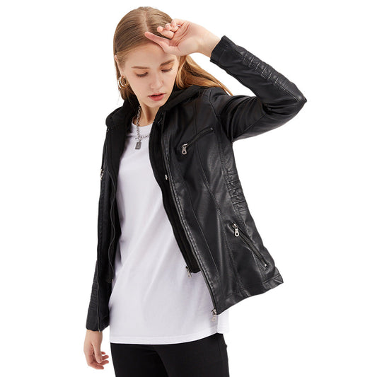 Damen Kapuzenjacke – Slim Fit – Kunstleder – Abnehmbare Kapuze – Zipper Taschen