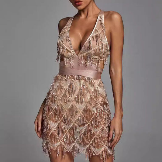 Damen Midikleid – Figurbetont – V-Ausschnitt – Pailletten mit Quasten – Geometrisch
