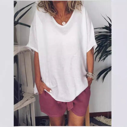 Damen T-Shirt – Linnen Baumwollmix – Lockerer Schnitt – V-Ausschnitt Kurzarm
