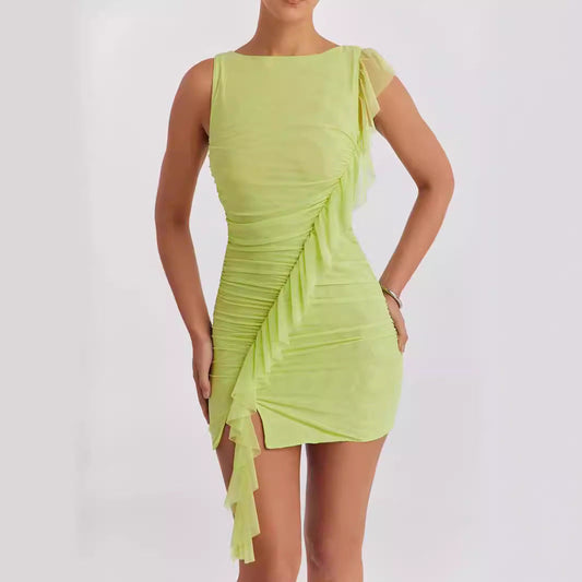 Damen Bodycon Kleid – Figurbetont – Ärmellos Rückenfrei – Rüschen Mini Design