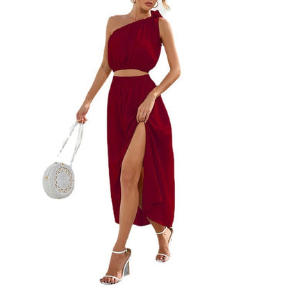 Damen Zweiteiler Set – One-Shoulder Top – Elastischer Bund – Seitenschlitz – Fliessender Schnitt