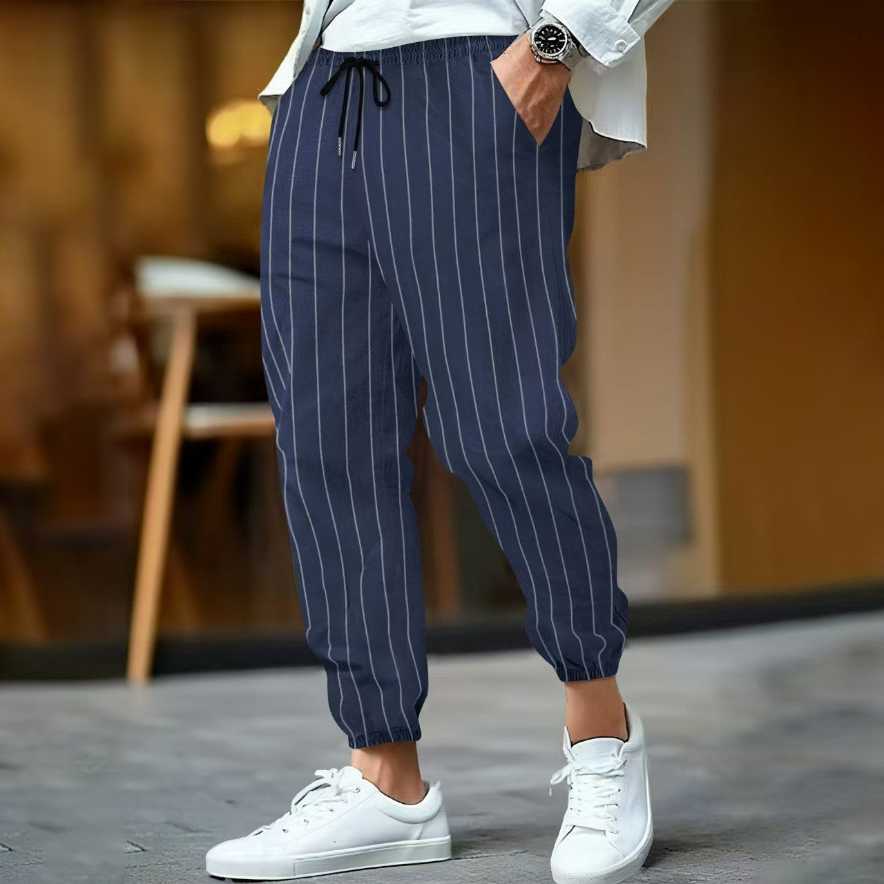 Herren Freizeithose – Lockerer Schnitt – Baumwollmix – Elastikbund mit Kordelzug