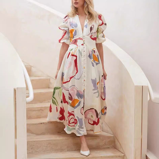 Damen Maxikleid – Natürliche Fasern – Lockere Passform – Ballonärmel – Knopfleiste