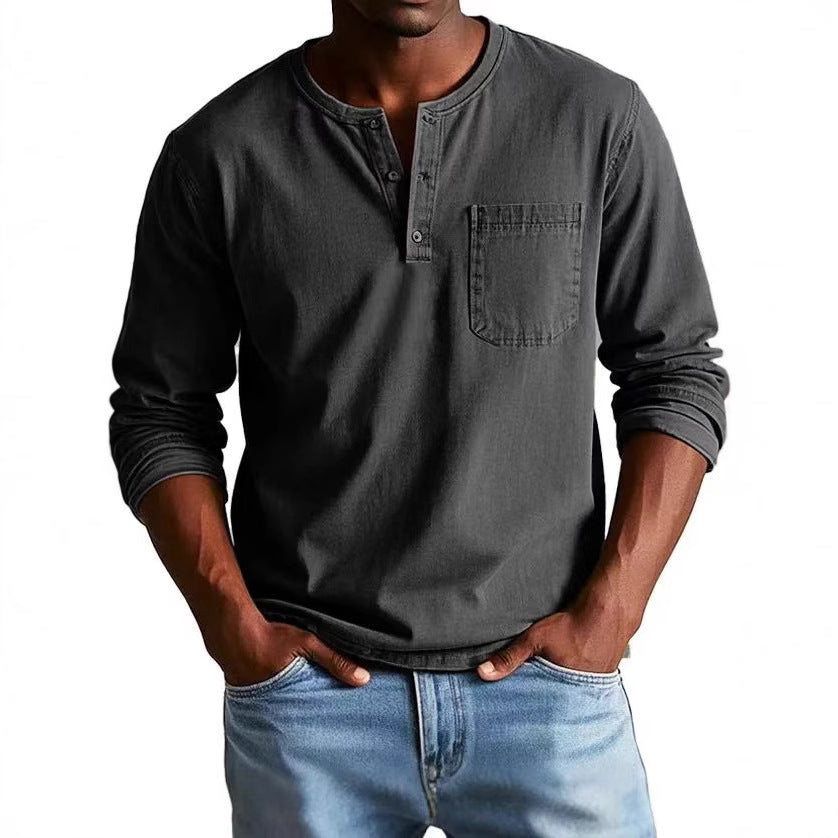 Herren Langarm-T-Shirt – Slim Fit – Atmungsaktive Mischung – Knopfleiste mit Brusttasche