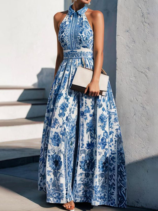 Damen Maxikleid – Halter Neck – Elegante Passform – Atmungsaktives Gewebe – Printdesign