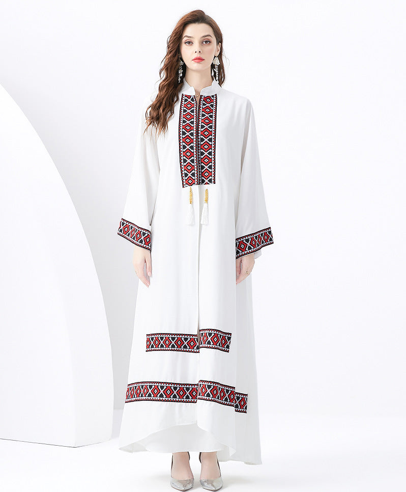 Damen Maxi Kleid – Lockere Passform – Boho-Stil – Ethnisches Muster mit Quasten