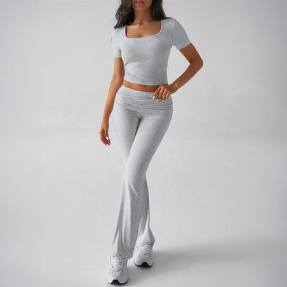 Damen Zweiteiler Set – Slim Fit Crop Top mit Square Neck – Flared Hose – Stretch Komfort