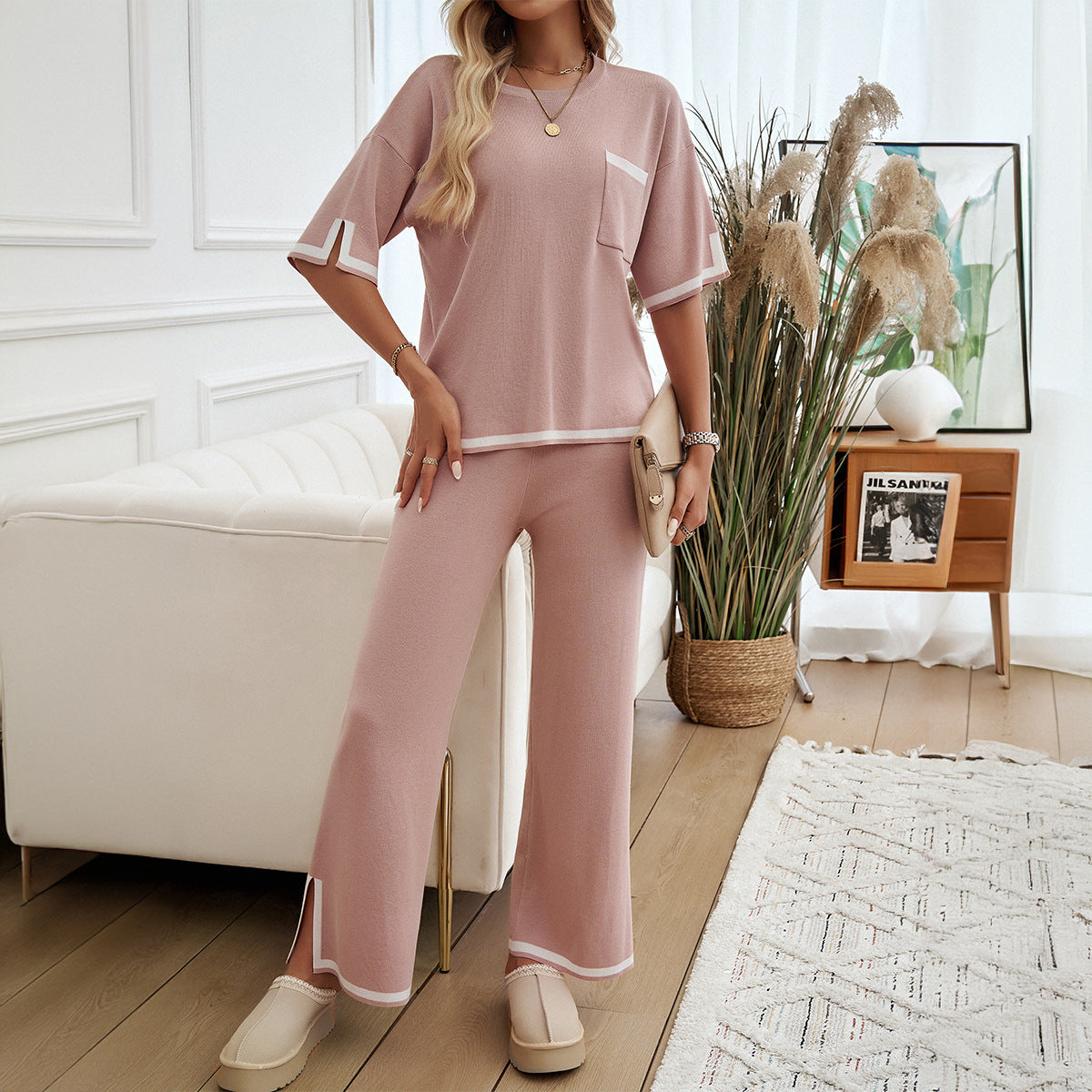Damen Lounge Set – Strick – Relaxed Fit – Weites Bein – Kontrastdetails