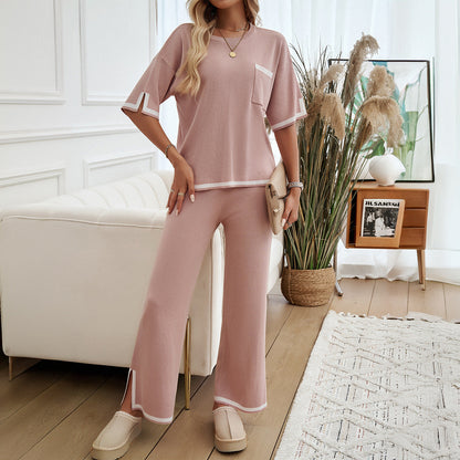 Damen Lounge Set – Strick – Relaxed Fit – Weites Bein – Kontrastdetails
