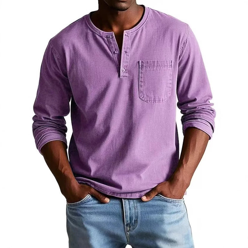 Herren Langarm-T-Shirt – Slim Fit – Atmungsaktive Mischung – Knopfleiste mit Brusttasche