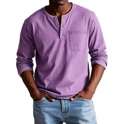 Herren Langarm-T-Shirt – Slim Fit – Atmungsaktive Mischung – Knopfleiste mit Brusttasche
