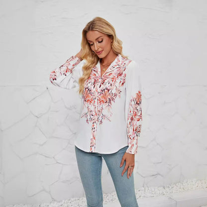 Damen Bluse – Lockere Passform – Knopfleiste – Stehkragen – Blumenmuster