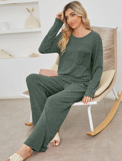 Damen Lounge Set – Strickdesign – Gerippte Struktur – Lockerer Schnitt – Langarmtop und Hose