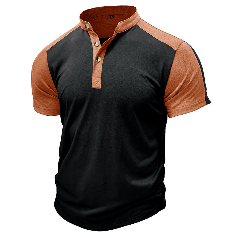 Herren Kurzarmhemd – Slim Fit – Atmungsaktiv – Kragenloses Design – Kontrastdetails