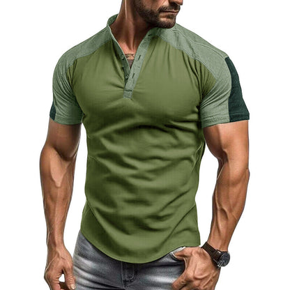 Herren Kurzarmhemd – Slim Fit – Atmungsaktiv – Kragenloses Design – Kontrastdetails