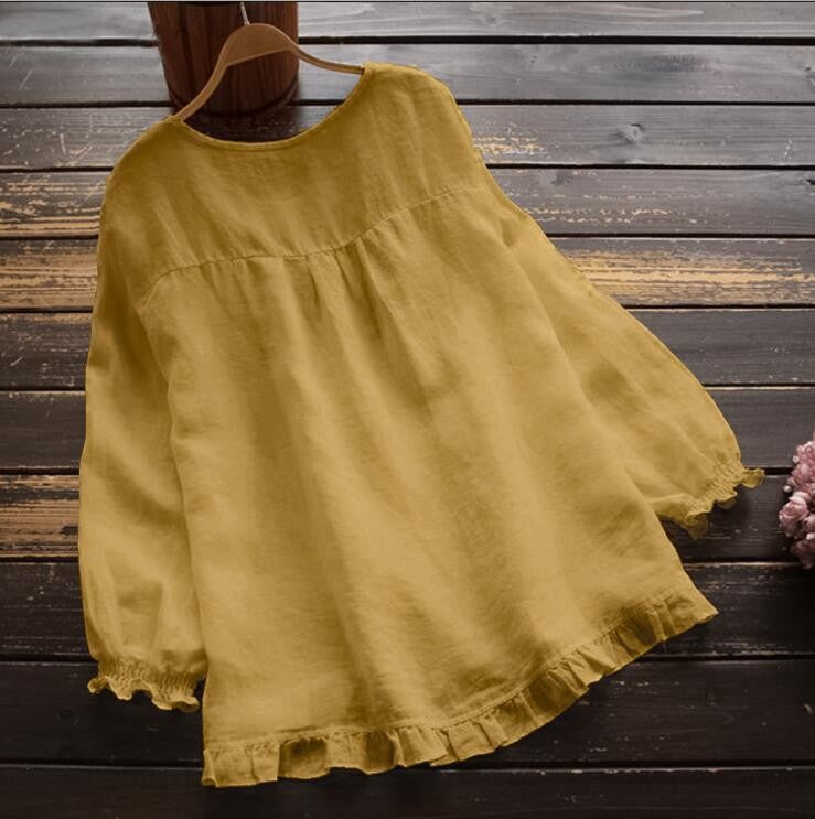 Damen Bluse – Lockerer Schnitt – Cotton-Linnen – Rüschenärmel – Rundhals Langarm