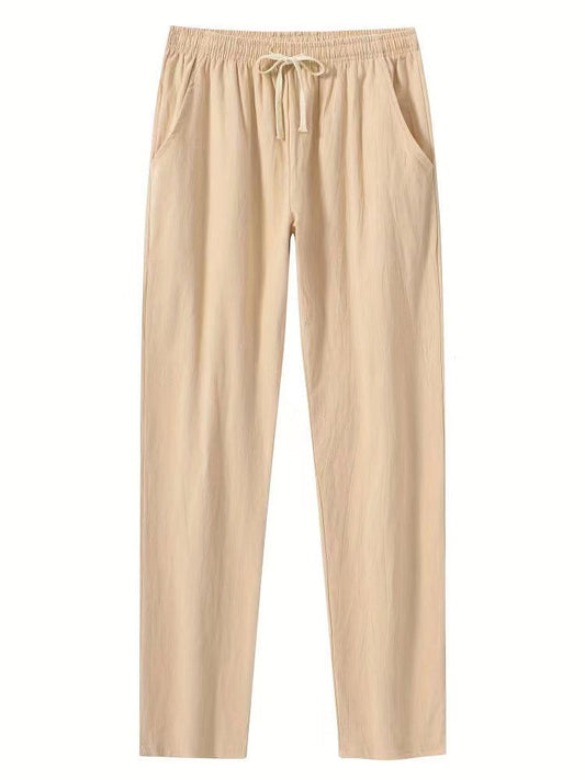 Damenhose – Relaxed Fit – Leichter Baumwollstoff – Elastischer Bund mit Kordel – Vollständig Länge