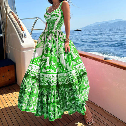 Damen Trägerkleid – Luftiges Design – Fließender Schnitt – Stufenrock – Allover-Print