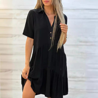 Damen Kleid – Relaxed Fit – Kurzarm – Knopfleiste mit Kragen – Stufig – Naturfaser